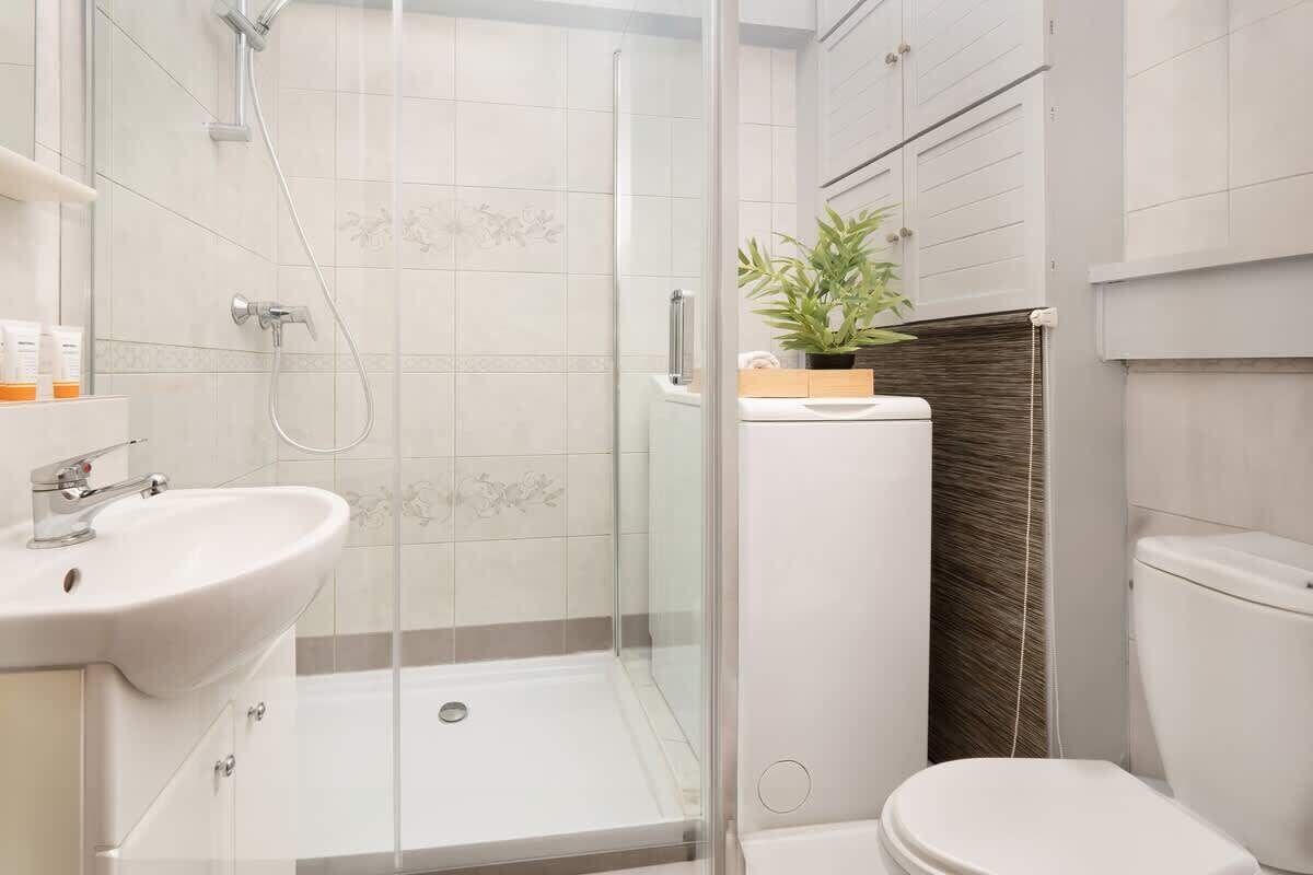 Shower, hair dryer, shampoo