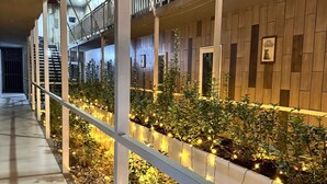 Un pasillo con una fila de plantas y luces decorativas, paneles de madera en las paredes y una escalera a la izquierda.