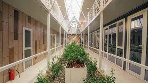 Un interior moderno con un jardín central, paneles de madera y ventanas amplias.