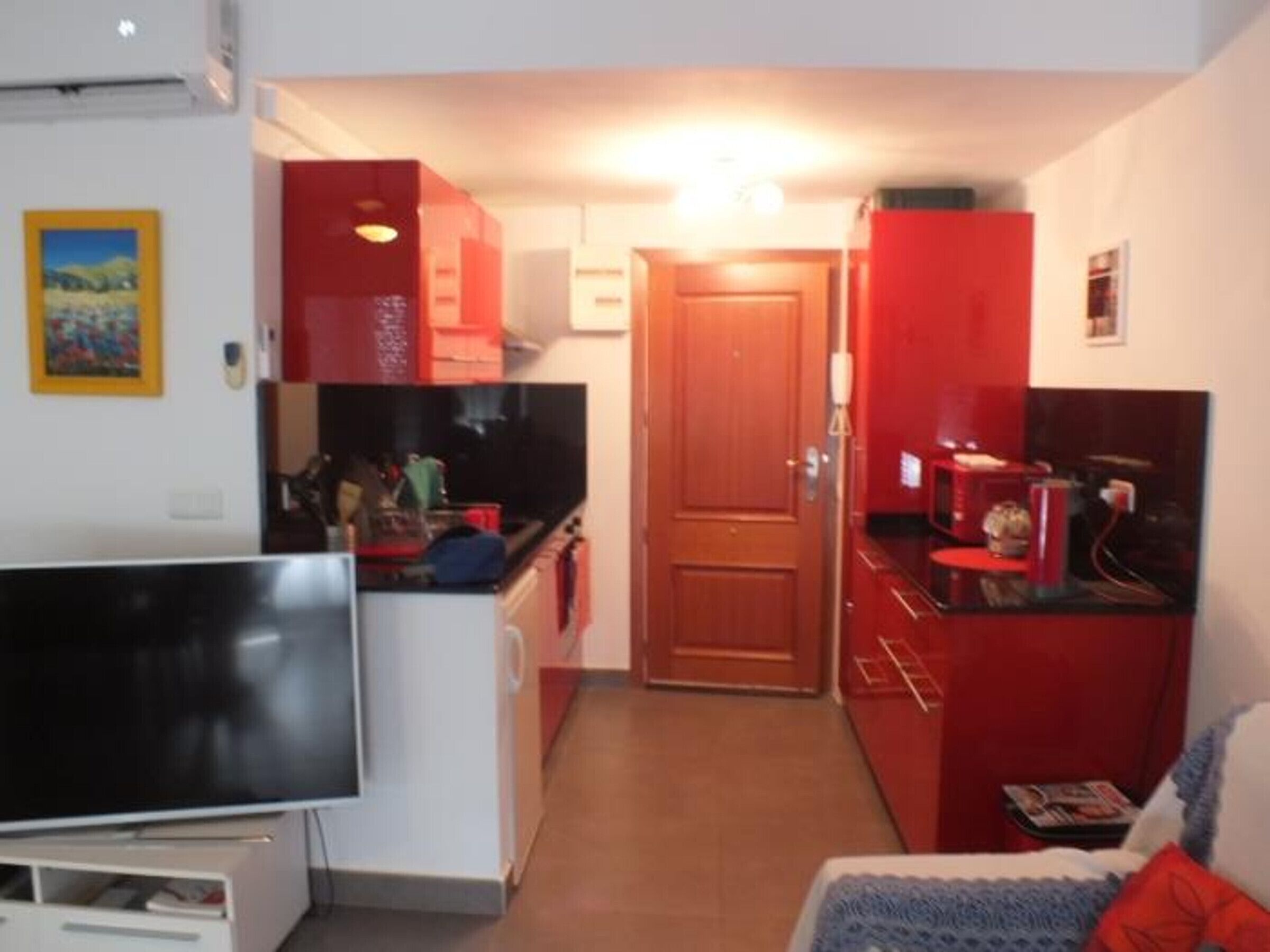 Een knus woongedeelte met een kitchenette, een televisie en een deur naar een andere kamer.