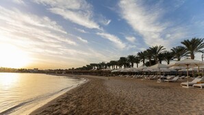 A beach with sun loungers and umbrellas, palm trees, and a clear sky. - SUNRISE Tucana Resort - Posh Club (Makadi Bay)