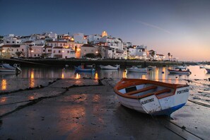 A coastal town with boats docked along the shore and buildings in the background.