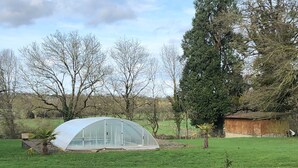 Une serre située dans un champ herbeux, avec des arbres en arrière-plan.