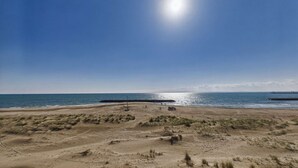 A beach with a clear sky, a sandy shore, and a calm sea. - Grau d'Agde: Studio cabin with terrace, private parking, sea view (Le Grau d'Agde)