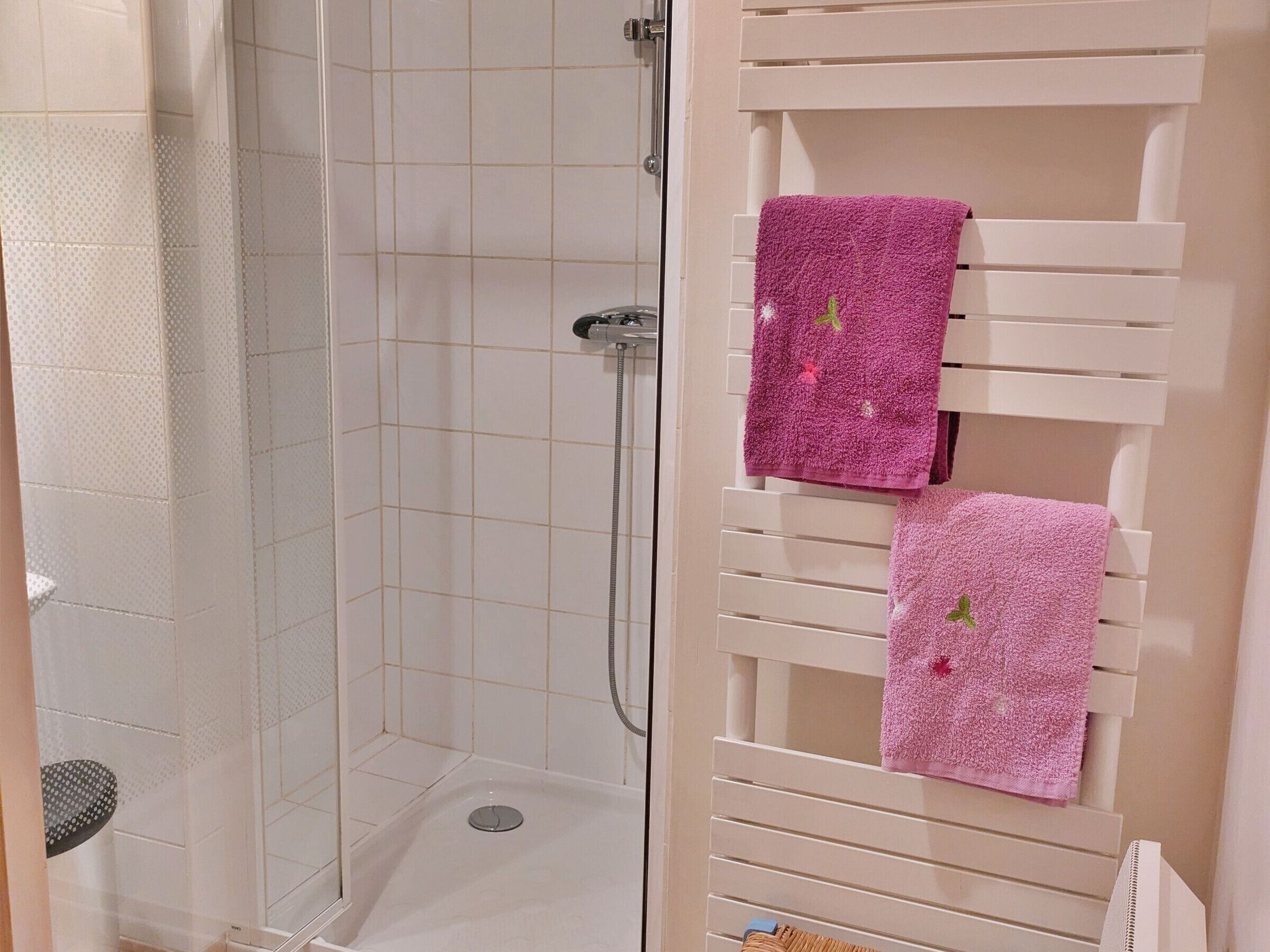 Ein Duschbereich mit Glastür, weiß geflieste Wand und einem weißen Handtuchhalter mit zwei rosa Handtüchern.