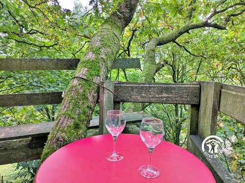 Cabane perchée avec terrasses, salle de bain, kitchenette, petit-déjeuner inclus et accès piscine.