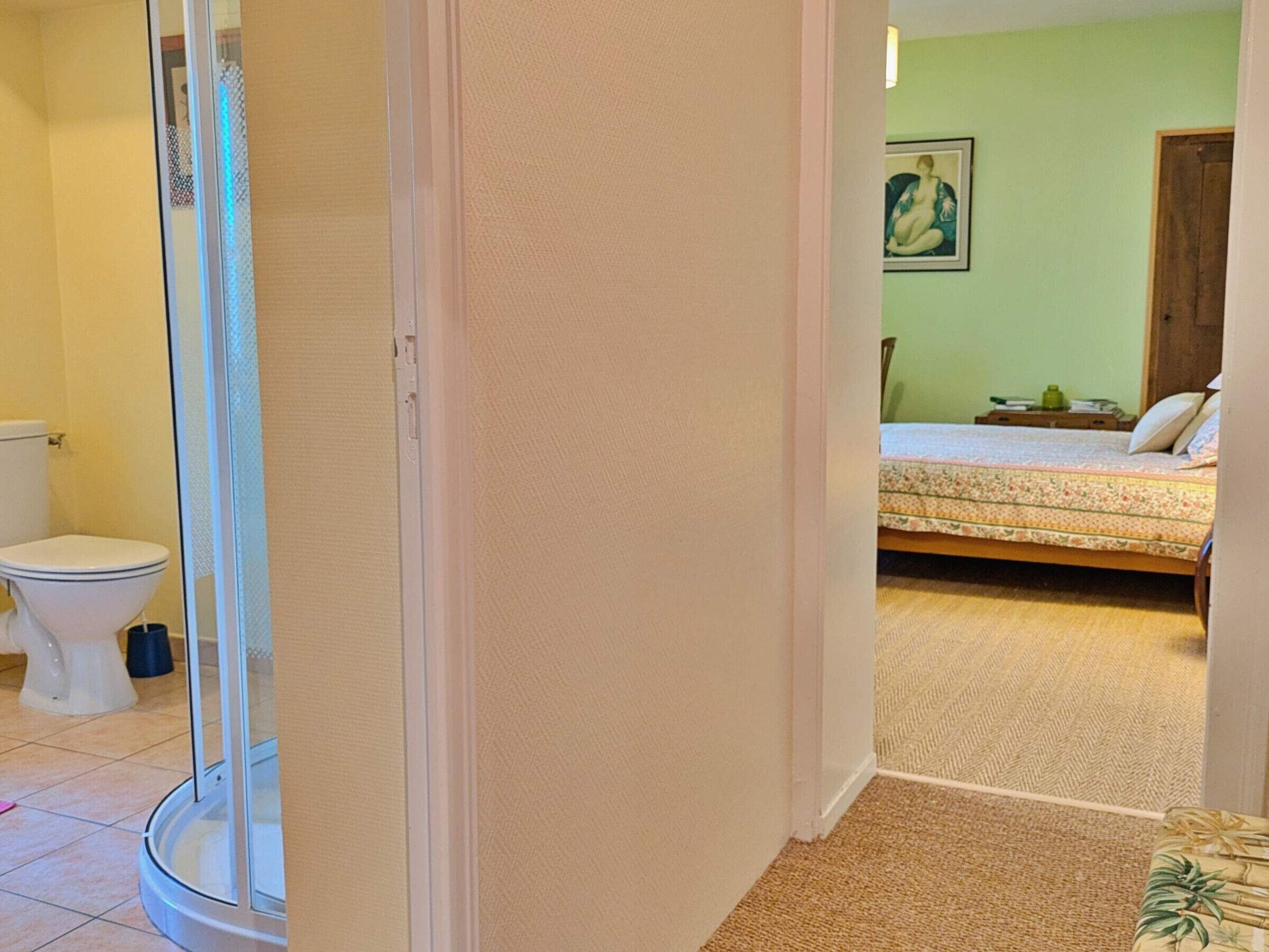 A bathroom with a toilet, shower, and a bed in the adjacent room.