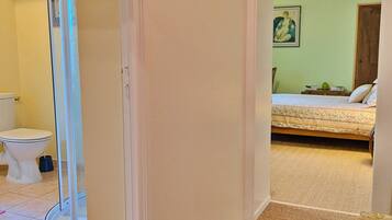 A bathroom with a toilet, shower, and a bed in the adjacent room.