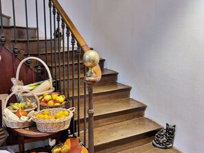 A wooden staircase with a metal handrail and a basket of fruits and vegetables on the landing.