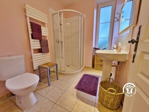A bathroom with a toilet, a shower, a sink, and a window.