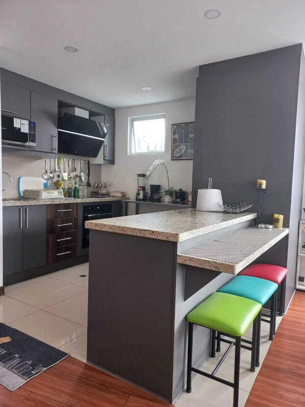 Fridge, microwave, oven, dishwasher