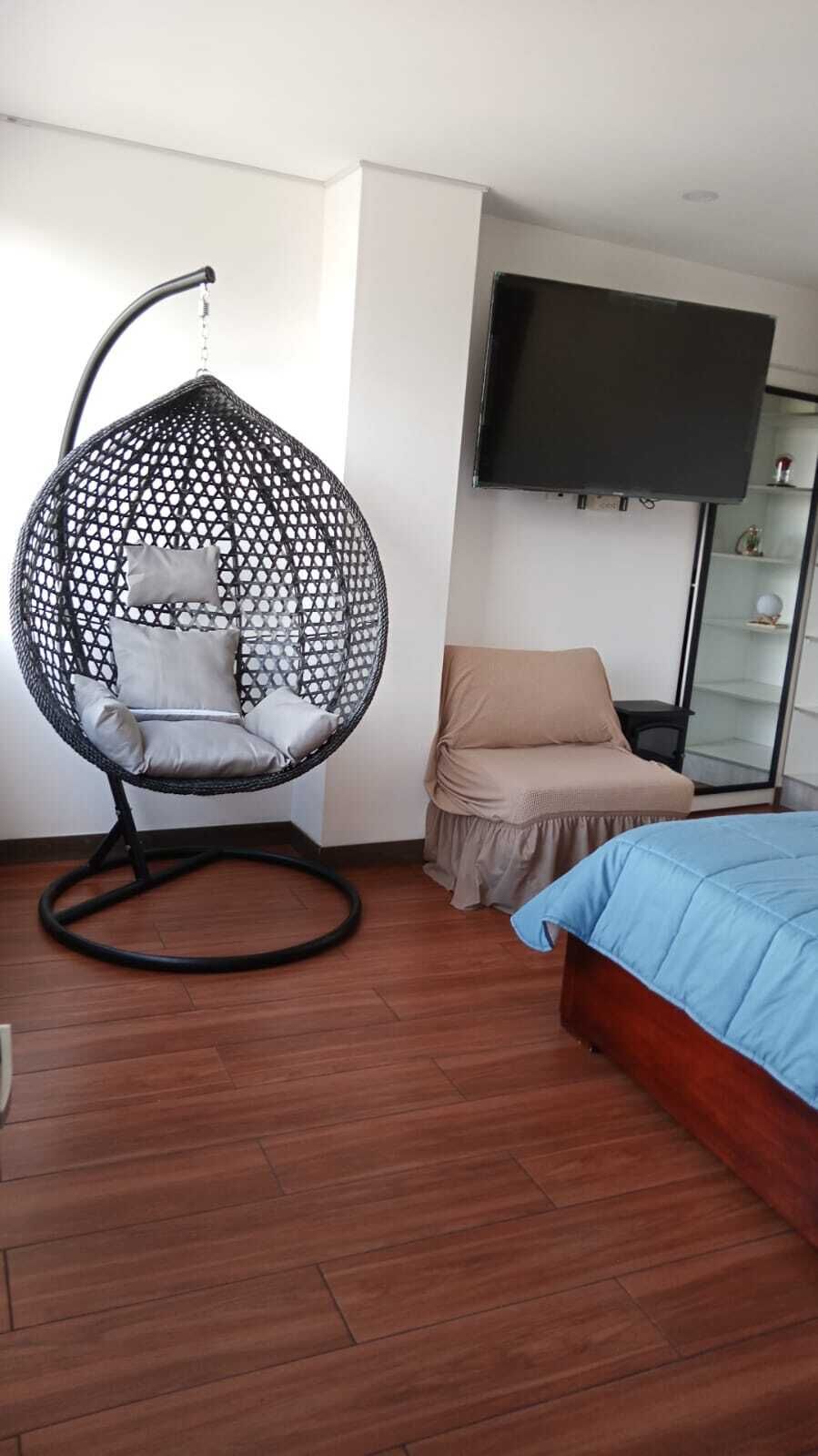 Una habitación con una silla colgante, una cama, un televisor y una mesita.