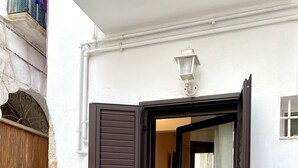 A white building with a brown door and a small potted cactus in the foreground. - Terracielo in the heart of the historic center, suitable for couples, great location (Monopoli)