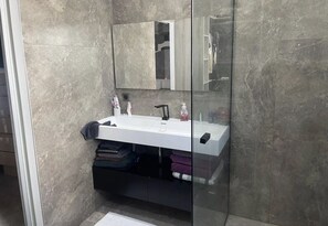 Chuveiro, secador de cabelo, toalhas de banho, sabonete