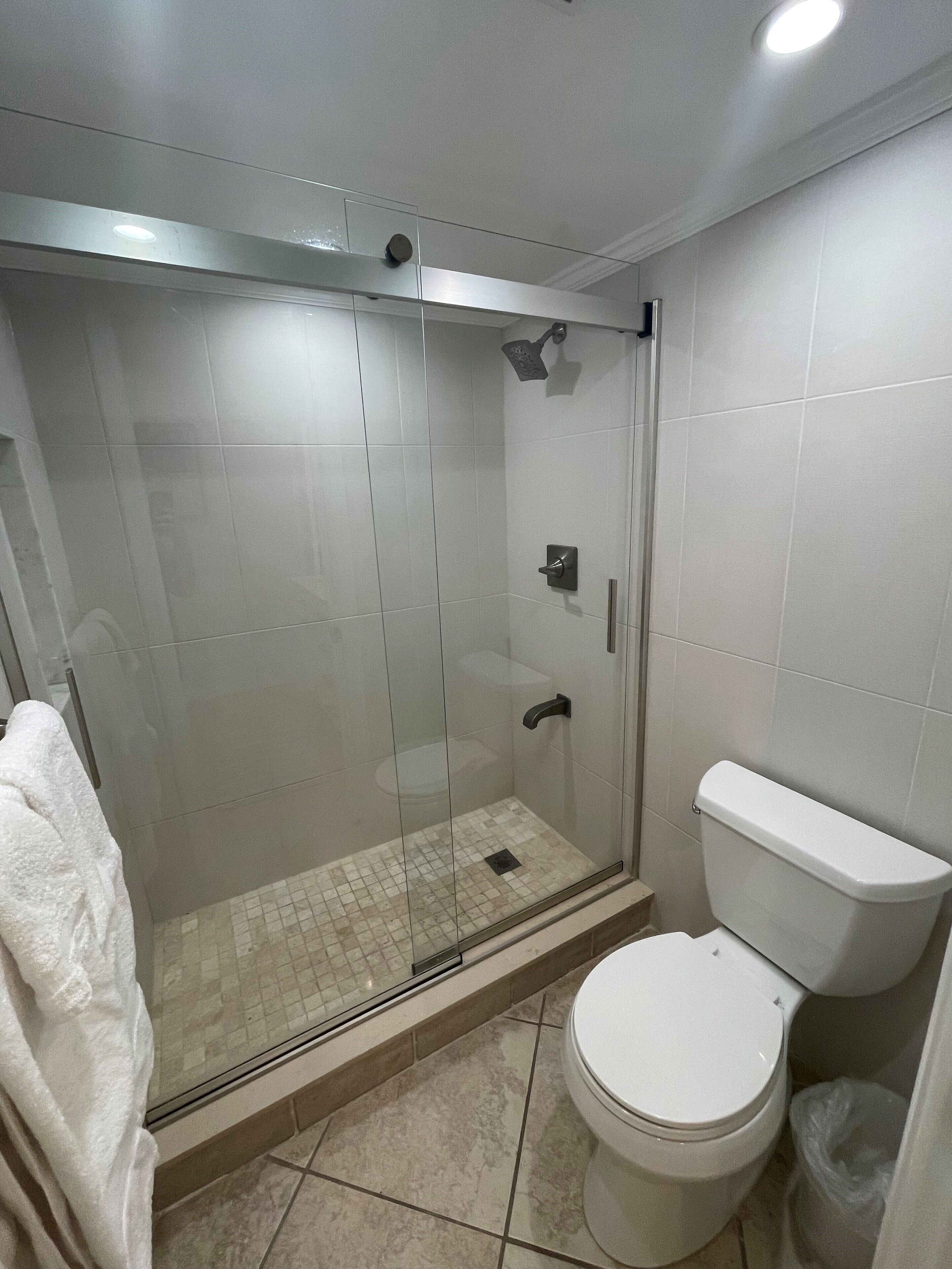A bathroom with a glass-enclosed shower, a white toilet, and a towel hanging on the wall.