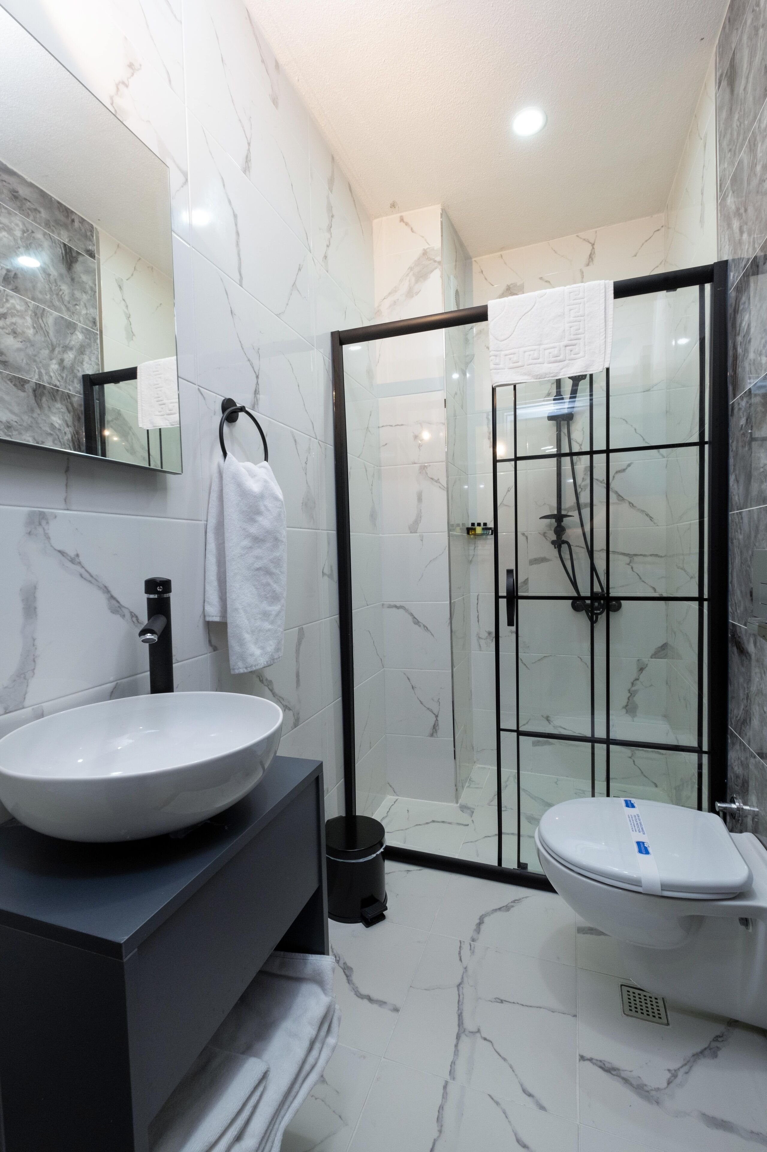 Un baño moderno con un lavabo blanco grande, un inodoro y una ducha con mampara de cristal.