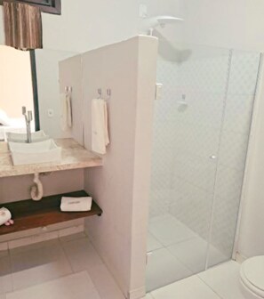 Shower, bidet, towels, toilet paper