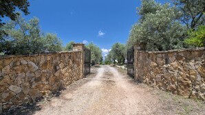 A stone pathway leading through a rustic gate, flanked by olive trees and stone walls. - Villa Mirasol with sea and panoramic view, ideal for 4 people with AC and WiFi (Sardegna)