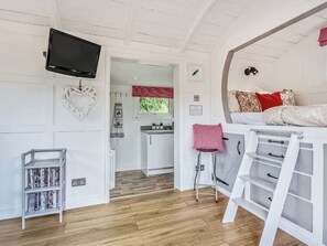 A compact room with a TV mounted on the wall, a bookshelf, a bunk bed with a ladder, and a small kitchen area.