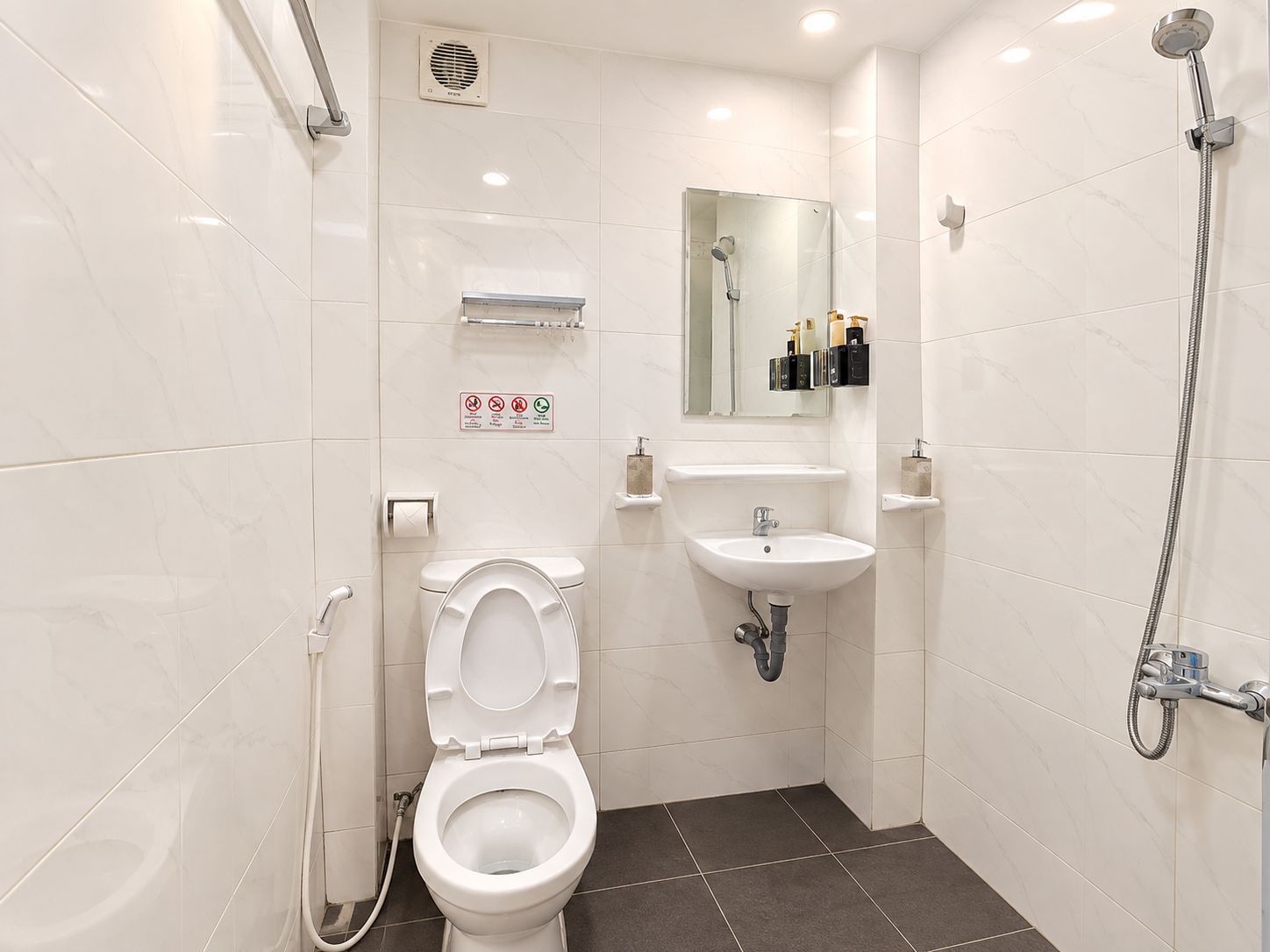 Un baño moderno con inodoro, lavabo y ducha.