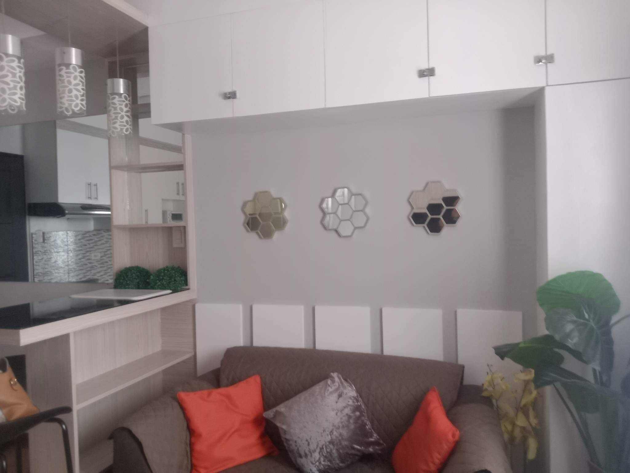A modern living room with a grey sofa, red and grey cushions, and a large green plant.