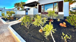 A modern house with a stone facade, large windows, and a well-maintained garden with various plants and rocks. - Trinity House (Costa Teguise)