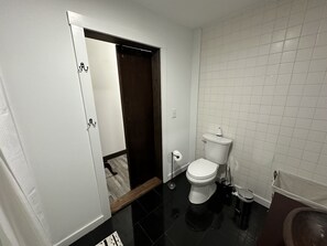 Jetted bath, hair dryer, towels, soap