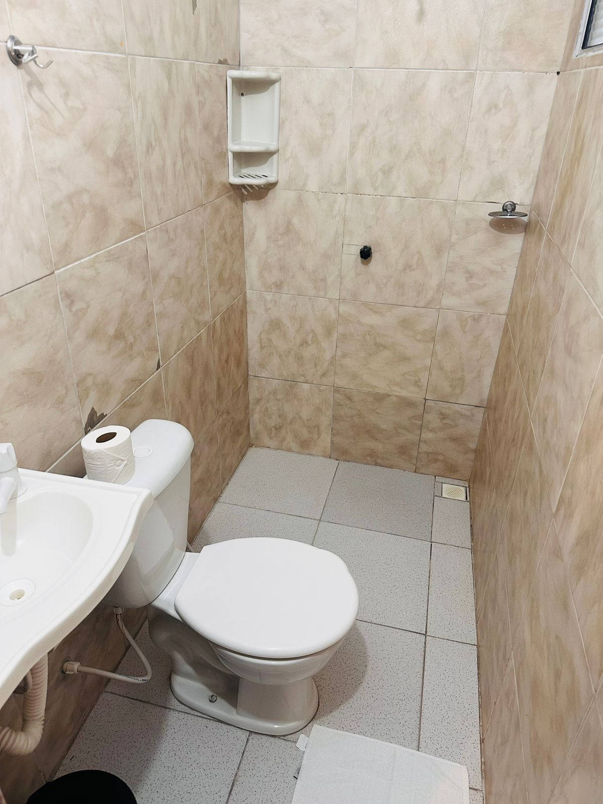 A small bathroom with a toilet, sink, and a shower area.