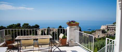 Une terrasse avec une table et des chaises, des plantes en pot et une vue sur la mer et les bâtiments.