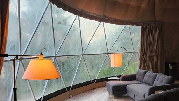 A cozy interior with a sofa, a lamp, and a view through large windows.