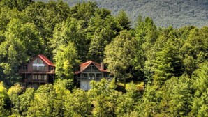 Una cabaña rodeada de un bosque frondoso con una montaña al fondo.