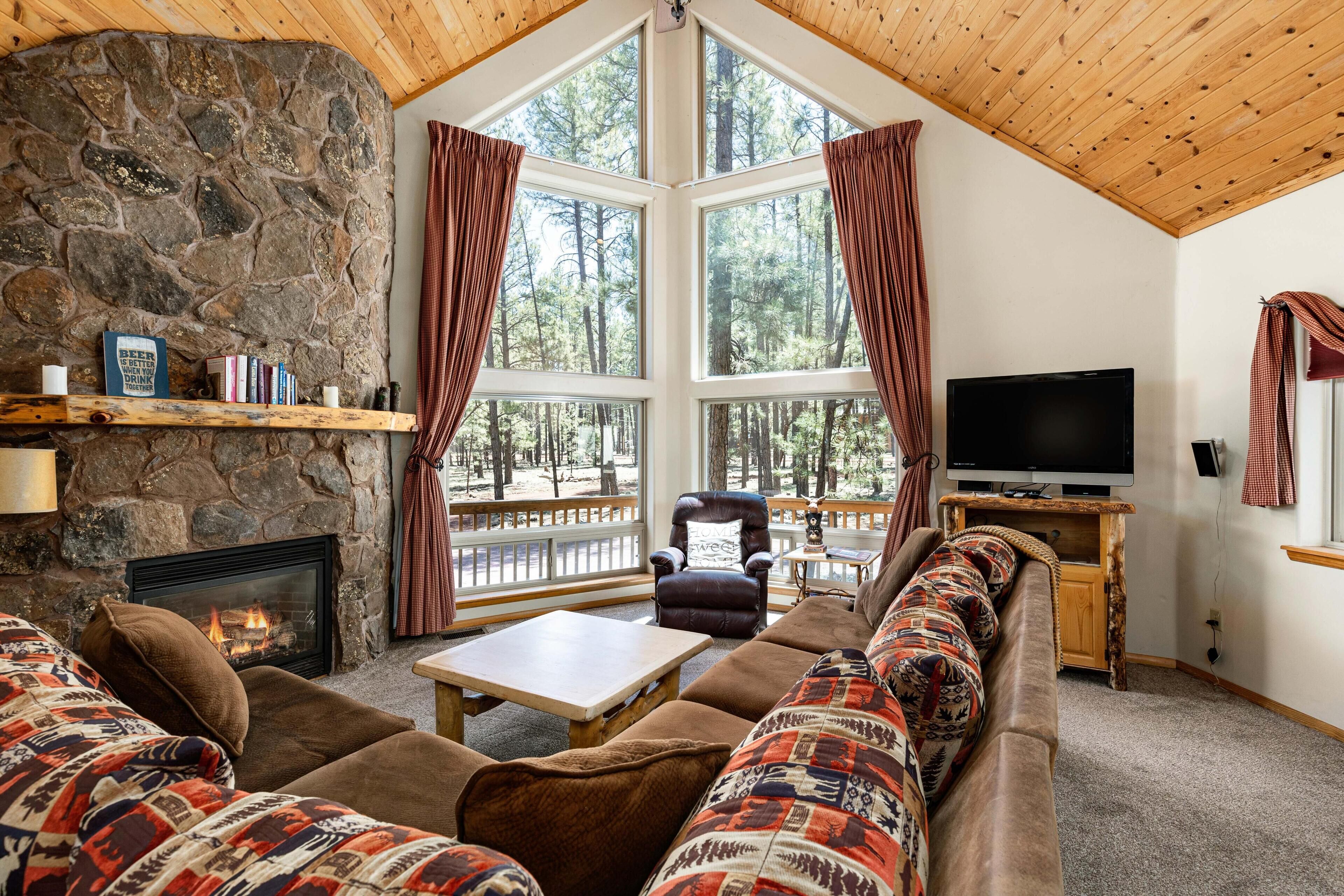 Smart TV, fireplace, video games, DVD player