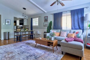 Smart TV, fireplace, books