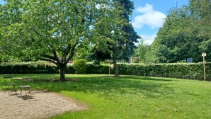 Un jardin bien entretenu, avec un grand arbre, un espace recouvert de gravier agrémenté de chaises et une haie en arrière-plan.