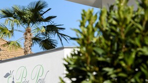 A sign for Peter Paul Apartments with a clear view of a palm tree and some greenery in the background.