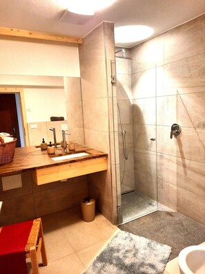 Douche, séchoir à cheveux, serviettes fournies