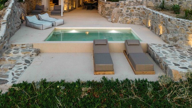 A stone villa with a pool, outdoor seating, and a dining area. - Villa 'Vagia' with Private Pool, Private Terrace and Air Conditioning (S???f??)
