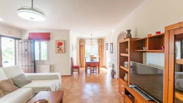 Una televisión, una chimenea