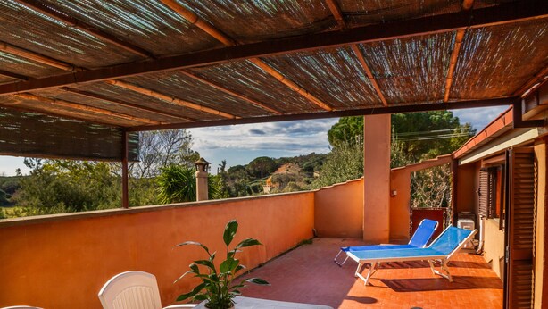 A covered outdoor area with a table and chairs, a potted plant, and two sun loungers.