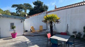 Une terrasse avec une table et des chaises, une plante en pot et une petite fenêtre.