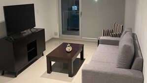 A modern living room with a flat-screen TV, a dark entertainment unit, a coffee table with a plant, a grey sofa, and a striped chair.