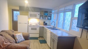 A compact kitchen with a microwave, stove, and sink, adjacent to a living area with a couch and decorative pillows. - TRAVELERS! In the heart of Baraboo, close to SSM Hospital! (Baraboo)