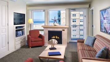 TV connectée, cheminée, jeux vidéo, lecteur de DVD