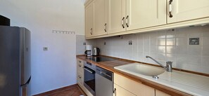 A compact kitchen with a refrigerator, oven, dishwasher, and a sink with a wooden countertop.