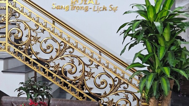A staircase with ornate golden railings, a potted plant, and a brown leather sofa with decorative items. - Hoàng Gia Hotel Royal (Le Ho)