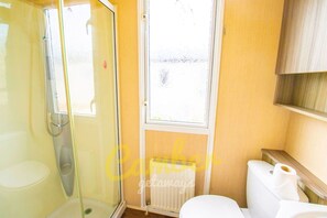 Une salle de bain avec une douche à parois de verre, des toilettes et un radiateur.