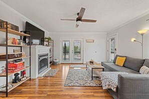 Smart TV, lareira, DVD player, livros