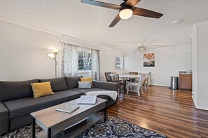 Smart TV, lareira, DVD player, livros