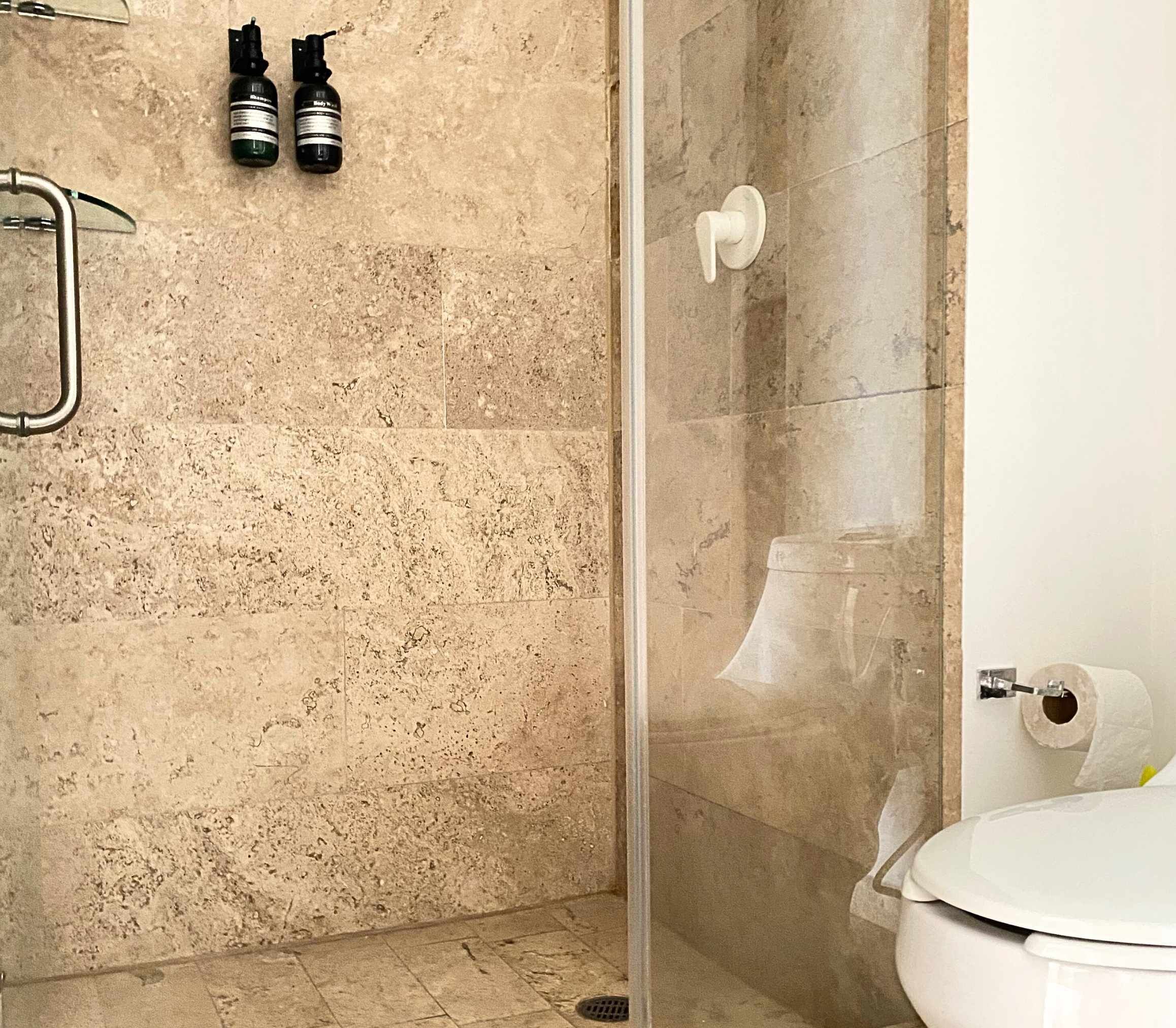 Hair dryer, towels, soap, shampoo