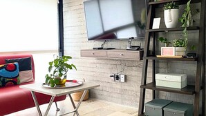 Un salon moderne avec un canapé rouge, une petite table sur laquelle est posée une plante, un téléviseur fixé à un mur en béton et une étagère en bois ornée d’objets décoratifs.